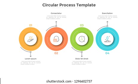 Horizontal timeline with four colorful circular elements. Creative infographic design template. Concept of 4 strategic steps of startup development process. Flat vector illustration for progress bar.