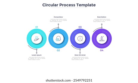 Horizontal timeline with four colorful circular elements. Creative infographic design template. Concept of 4 strategic steps of startup development process. Flat vector illustration for progress bar.
