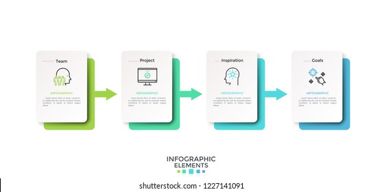 Horizontal timeline with four paper white rectangles or cards connected by gradient colored arrows. Infographic design layout. Vector illustration for 4-stepped goal achievement process visualization.