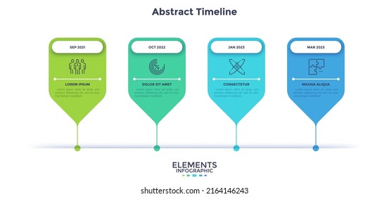 Horizontal timeline with four pointer-like elements. Concept of 4 milestones of company development process. Minimal infographic design template. Flat vector illustration for data visualization.