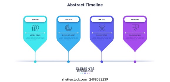 Horizontal timeline with four pointer-like elements. Concept of 4 milestones of company development process. Minimal infographic design template. Flat vector illustration for data visualization.