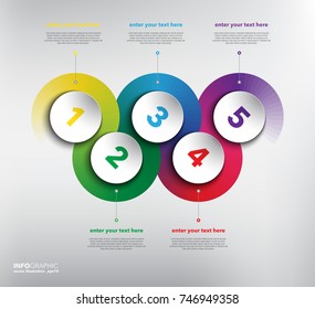 Horizontal timeline info graphic with circle elements. 5 parts concept. Can be used for workflow layout, banner, number options, step up options, diagram, web design. Vector illustration. Eps10.