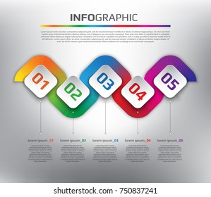 Horizontal timeline info graphic with square elements. 5 parts concept. Can be used for workflow layout, banner, number options, step up options, diagram, web design. Vector illustration. Eps10.