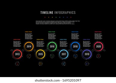 horizontal timeline infographic with black round elements, year indication and text boxes on a black background. realistic 3d paper cut design. modern vector company presentation slide template