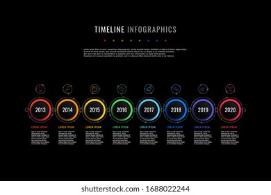 horizontal timeline infographic with round elements, year indication and text boxes on a black background. realistic 3d paper cut design. modern vector company presentation slide template. eps 10