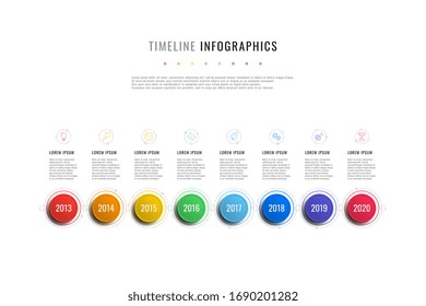 horizontal timeline infographic with round elements, year indicators and textboxes on a white background. realistic 3d paper cut design. modern vector company presentation slide template