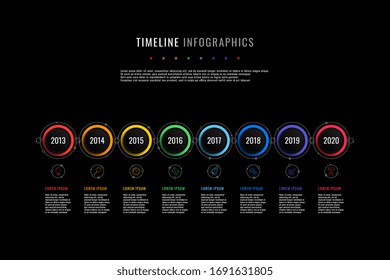 horizontal timeline infographic with round elements, year indication and text boxes on a black background. realistic 3d paper cut design. modern vector company presentation slide template. eps 10
