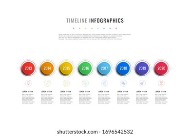horizontal timeline infographic with round elements, year indicators and textboxes on a white background. realistic 3d paper cut design. modern vector company presentation slide template