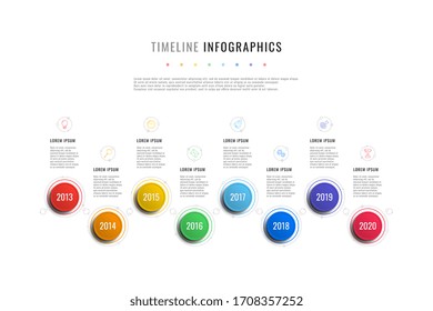 horizontal timeline infographic with round elements, year indicators and textboxes on a white background. realistic 3d paper cut design. modern vector company presentation slide template