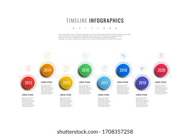 horizontal timeline infographic with round elements, year indicators and textboxes on a white background. realistic 3d paper cut design. modern vector company presentation slide template