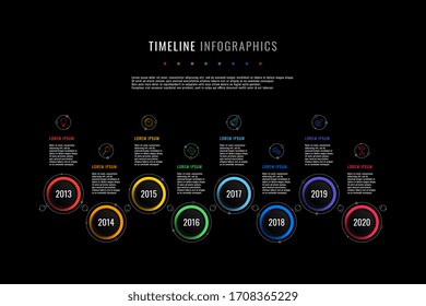 horizontal timeline infographic with round elements, year indication and text boxes on a black background. realistic 3d paper cut design. modern vector company presentation slide template. eps 10