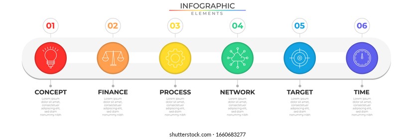 Infografía de línea de tiempo horizontal con seis pasos de elementos de círculo e iconos. Plantilla de proceso de gráfico. Vector moderno para proyectos y presentaciones de empresas o empresas. Diseño moderno Eps10