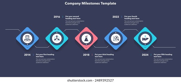 Horizontal Plantilla infográfica de la línea de tiempo con cinco pasos - versión oscura. Diseño gráfico simple para el diseño del flujo de trabajo, diagrama, Anuncio, Diseño web.