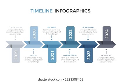 Horizontale Timeline-Infografik-Vorlage mit sechs Pfeilen mit Ortsdaten und Text, Vektorgrafik eps10
