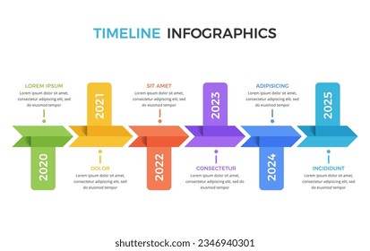 Horizontale Timeline-Infografik-Vorlage mit sechs Pfeilen mit Ortsdaten und Text, Vektorgrafik eps10
