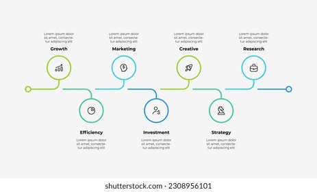 Horizontal timeline infographic from thin lines. Concept of 7 options of marketing process