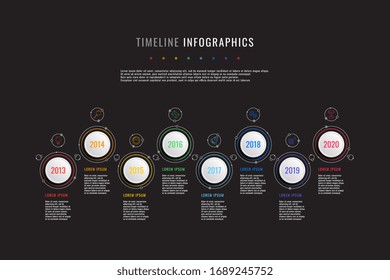 infografía horizontal con elementos redondeados blancos, indicadores de año y cuadros de texto en un fondo negro. diseño de corte de papel 3D realista. plantilla de diapositivas de presentación de la empresa vectorial moderna