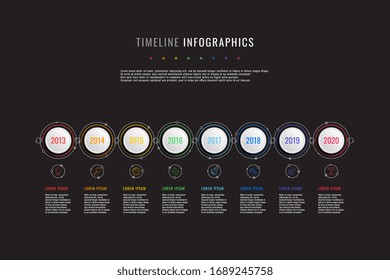 horizontale Timeline-Infografik mit weißen runden Elementen, Jahresindikatoren und Textfeldern auf schwarzem Hintergrund. realistisches 3D-Papierschnitt-Design. Präsentationsfolienvorlage für moderne Vektorillustrationen