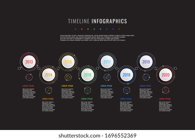 horizontal timeline infographic with white round elements, year indicators and textboxes on a black background. realistic 3d paper cut design. modern vector company presentation slide template