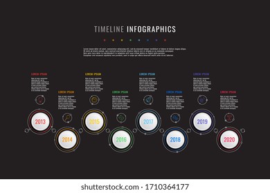 horizontale Timeline-Infografik mit weißen runden Elementen, Jahresindikatoren und Textfeldern auf schwarzem Hintergrund. realistisches 3D-Papierschnitt-Design. Präsentationsfolienvorlage für moderne Vektorillustrationen