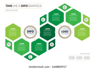 Horizontal Timeline or infographics with seven parts. Development and growth of the eco business. Time line or Business presentation concept with 7 options and icons.