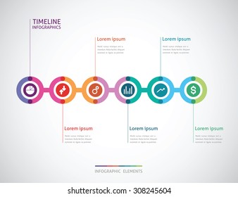 horizontal timeline infographics with a six color circle in the 