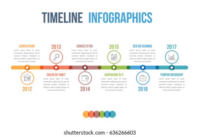 Horizontal timeline infographics template with colorful circles, workflow or process diagram, vector eps10 illustration