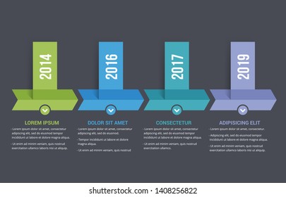 Horizontal timeline infographics template with four arrows, vector eps10 illustration