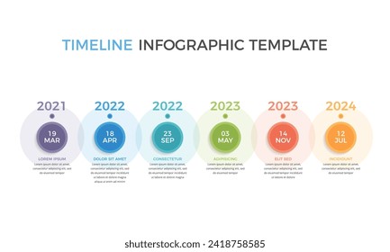 Horizontale Timeline-Infografik-Vorlage mit sechs Kreisen, Vektoreps10-Illustration