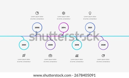 Horizontal timeline with key dates and accompanying icons, representing milestones. The design features gradient colors and a clean, modern layout ideal for infographics