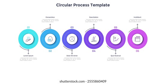 Horizontal timeline with six colorful circular elements. Creative infographic design template. Concept of 6 strategic steps of startup development process. Flat vector illustration for progress bar.