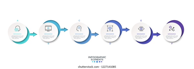 Horizontal timeline with six paper white round elements connected by colorful arrows. Simple infographic design template. Vector illustration for history of corporate development visualization.