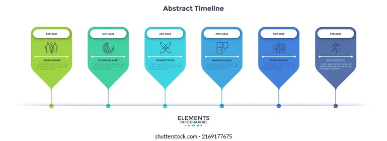 Línea de tiempo horizontal con seis elementos tipo puntero. Concepto de 6 hitos del proceso de desarrollo de la empresa. Plantilla mínima de diseño infográfico. Ilustración vectorial plana para la visualización de datos.