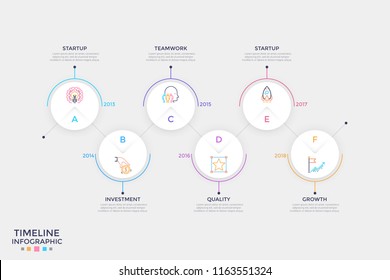 Horizontal Timeline. Six Round Paper White Elements With Colorful Linear Icons, Letters And Year Indication Connected By Zigzag Line. Creative Infographic Design Template. Vector Illustration.