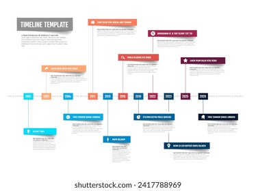 Horizontale Timeline-Vorlage weist ein buntes Design auf, in dem mehrere Felder wichtige Ereignisse anzeigen. Ideal für Projekte oder historische Ereignisse. Einfache Zeitlinienvorlage