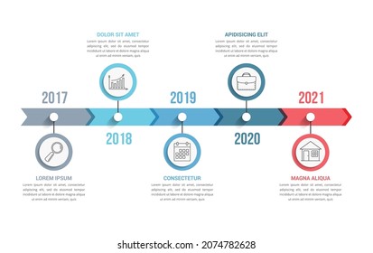 Horizontal timeline template with five arrows, infographic template for web, business, presentations, workflow or process diagram, vector eps10 illustration