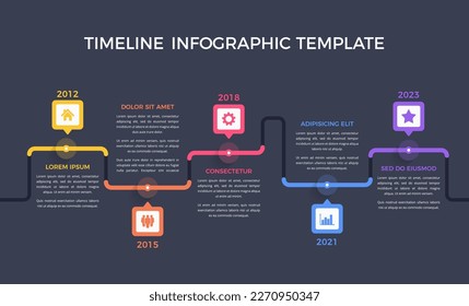 Horizontal timeline template with five elements on dark background, infographic template for web, business, presentations, vector eps10 illustration