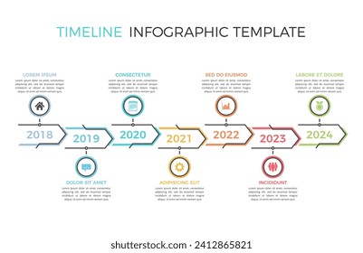 Plantilla de línea de tiempo horizontal con siete flechas, flujo de trabajo o diagrama de procesos, eps vectoriales10 ilustración