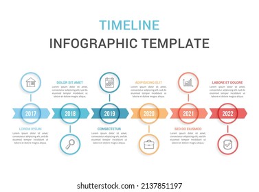 Horizontale Timeline-Vorlage mit sechs Pfeilen, Infografik-Vorlage für Web, Business, Präsentationen, Workflow- oder Prozessdiagramm, Vektorgrafik eps10