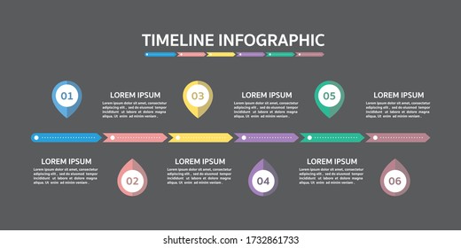 Plantilla de línea de tiempo horizontal con seis flechas, infografía de línea de tiempo.