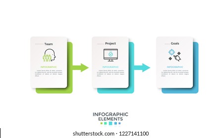 Horizontal timeline with three paper white rectangles or cards connected by gradient colored arrows. Infographic design layout. Vector illustration for 3-stepped goal achievement process visualization