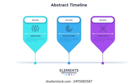 Horizontal timeline with three pointer-like elements. Concept of 3 milestones of company development process. Minimal infographic design template. Flat vector illustration for data visualization.