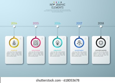 Horizontal timeline with year indication, 5 lettered rectangle elements, linear icons and text boxes. Story of startup development concept. Infographic design layout. Vector illustration for website.