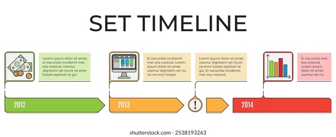 La línea de tiempo Horizontal con los años 2012 a 2014 destaca hitos con íconos de dinero, computadora, señal de advertencia y gráficos. Ideal para la gestión de proyectos, planificación de negocios, planificación estratégica