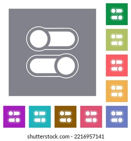 Horizontal toggle switches alternate flat icons on simple color square backgrounds