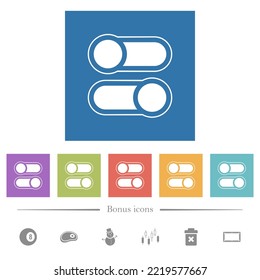 Horizontal toggle switches alternate flat white icons in square backgrounds. 6 bonus icons included.