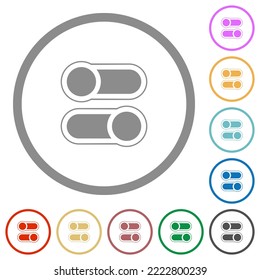 Horizontal toggle switches alternate flat color icons in round outlines on white background