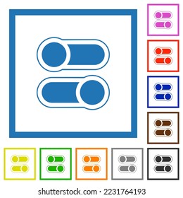 Horizontal toggle switches alternate flat color icons in square frames on white background