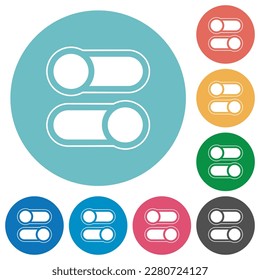 Horizontal toggle switches alternate flat white icons on round color backgrounds