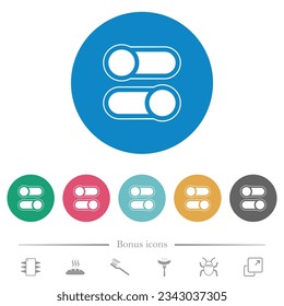 Horizontal toggle switches alternate flat white icons on round color backgrounds. 6 bonus icons included.